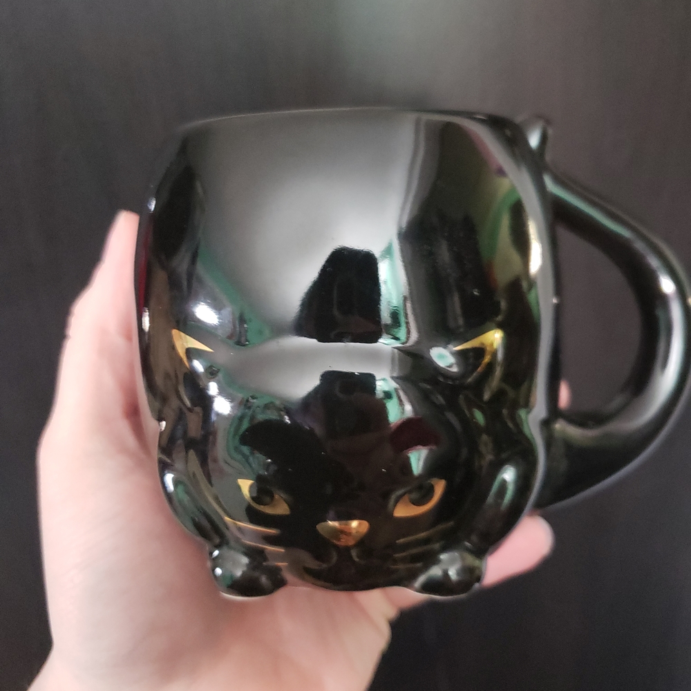 Black Ceramic Cat Mug with Gold Accents